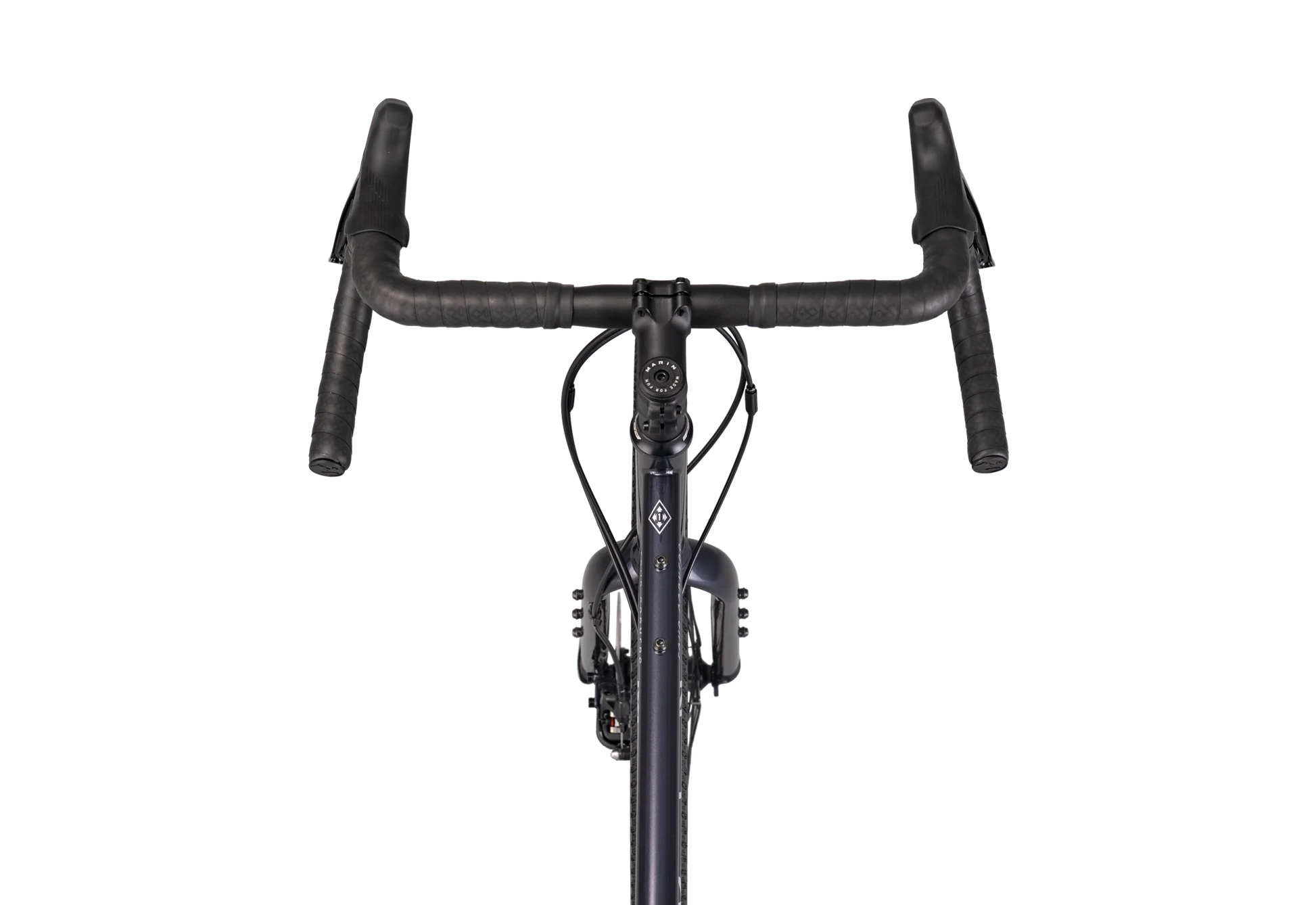 Marin Four Corners 1 gravel bike with purple frame and black accents, shown from the back with sleek design and sturdy tires.