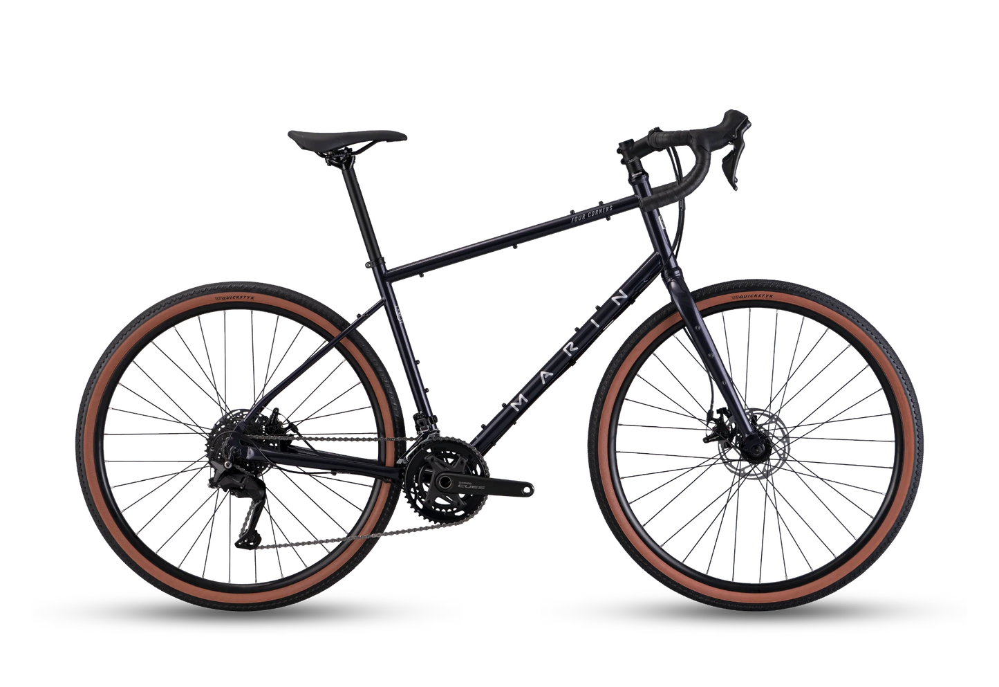 Marin Four Corners 1 gravel bike with purple frame and drop handlebars, shown in profile view.