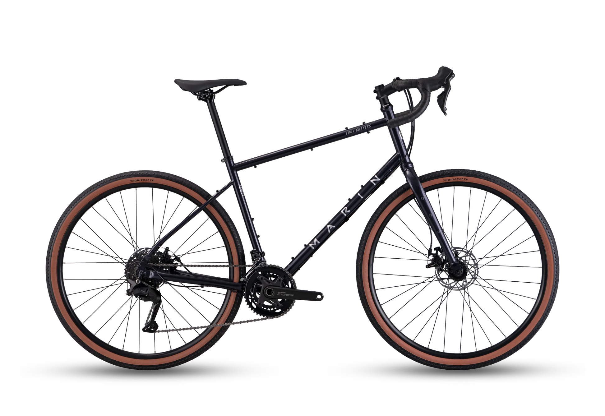 Marin Four Corners 1 gravel bike with purple frame and drop handlebars, shown in profile view.