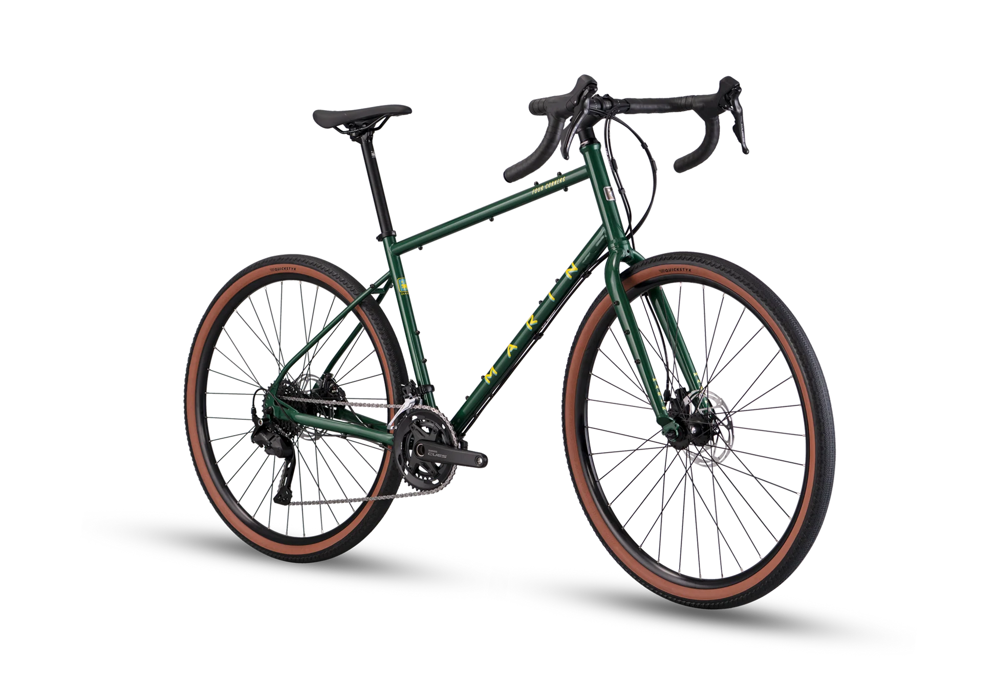Green Marin Four Corners 1 gravel bike with front view, featuring sturdy frame and knobby tires, designed for versatile gravel riding.
