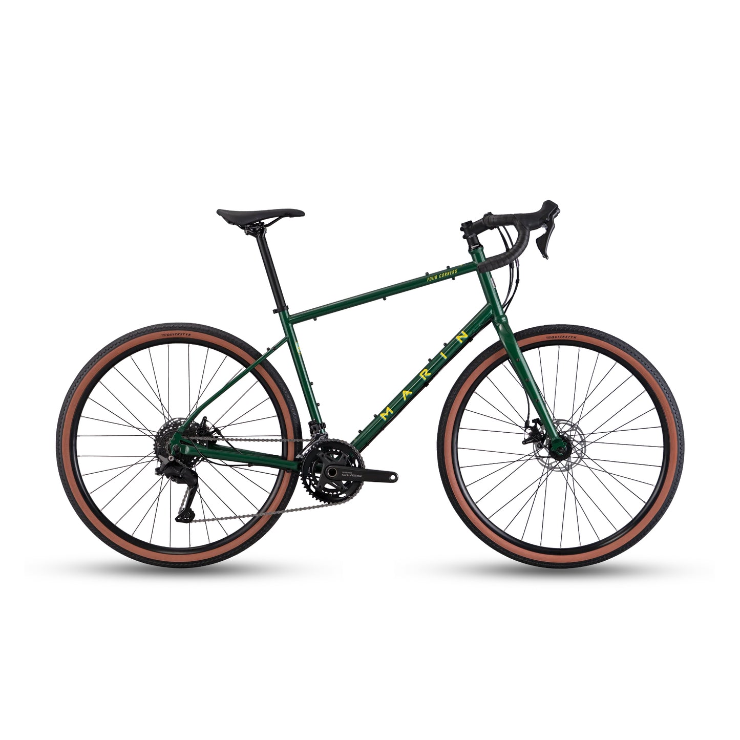 Green Marin Four Corners 1 gravel bike with cues, shown from a profile view highlighting frame and tire details.