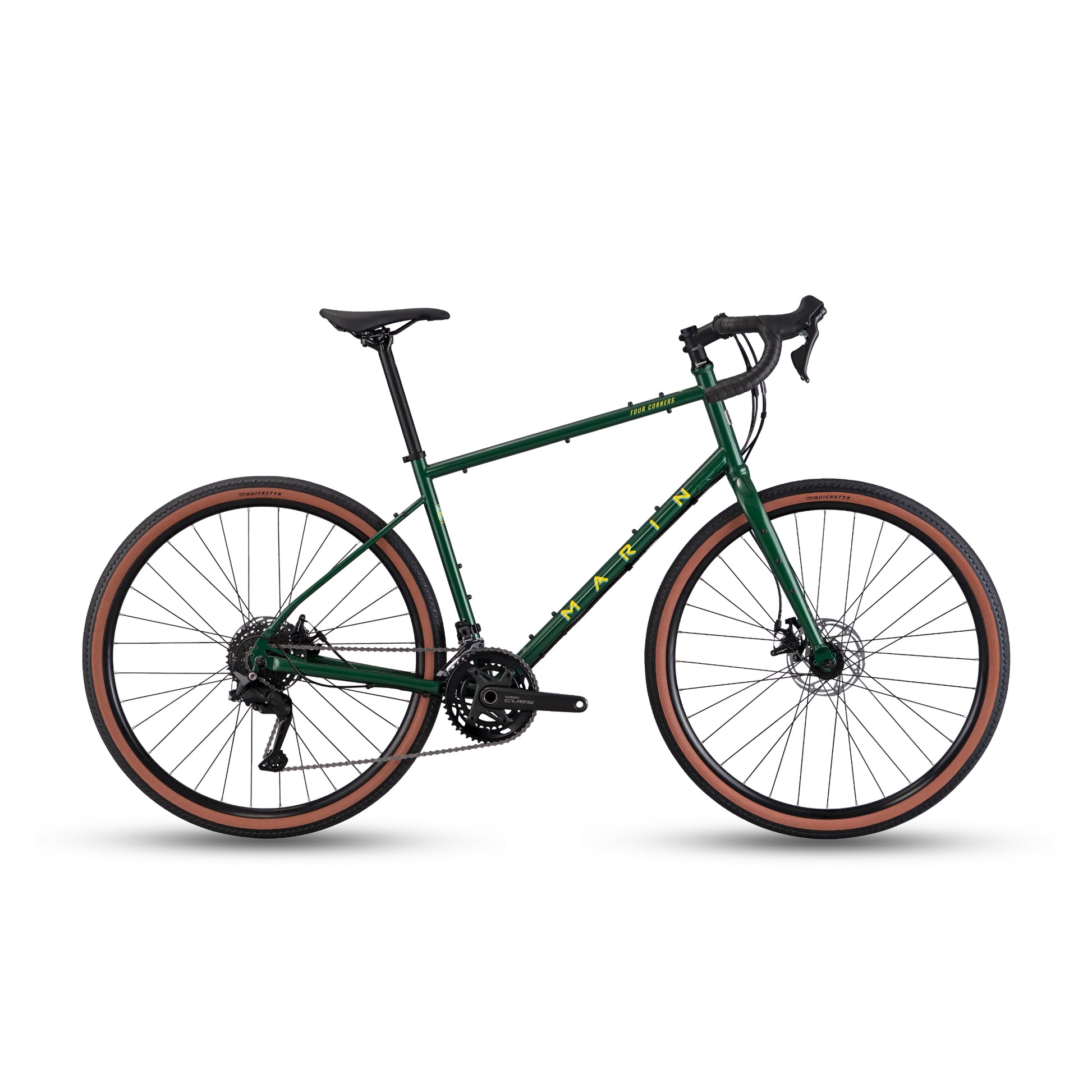 Green Marin Four Corners 1 gravel bike with cues, shown from a profile view highlighting frame and tire details.
