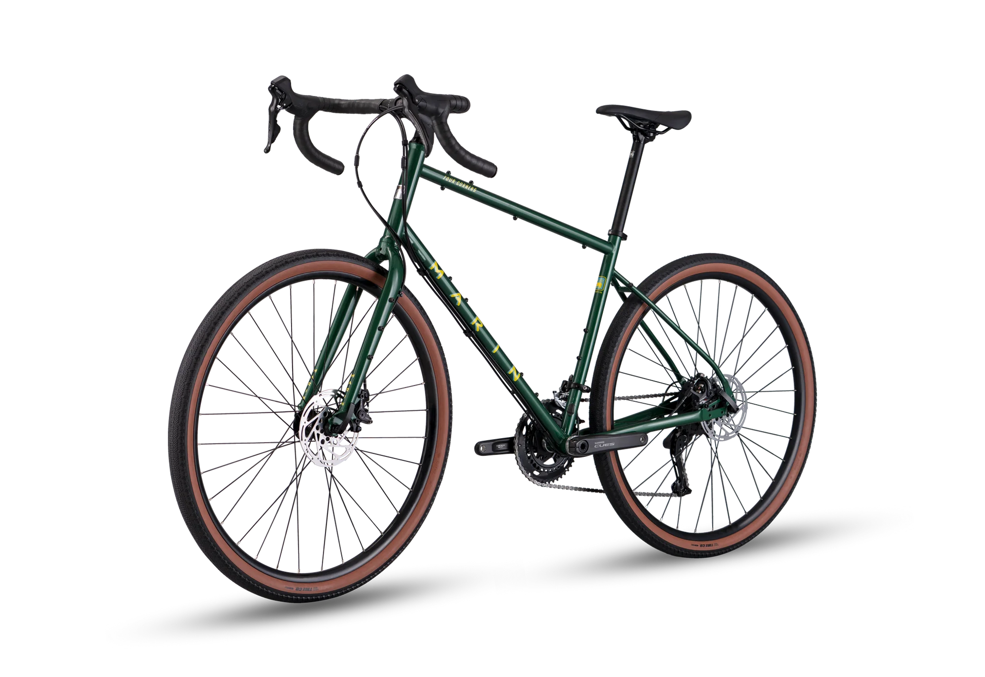 Marin Four Corners 1 gravel bike with green frame and rear view, showing durable tires and sleek design for off-road cycling.