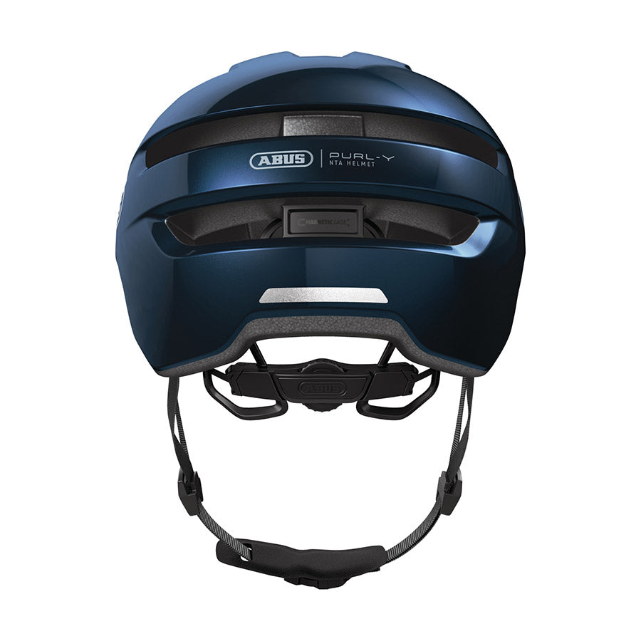 Shiny black Abus PURL-Y recreational and commuter helmet with adjustable straps and ventilation for safety and comfort.