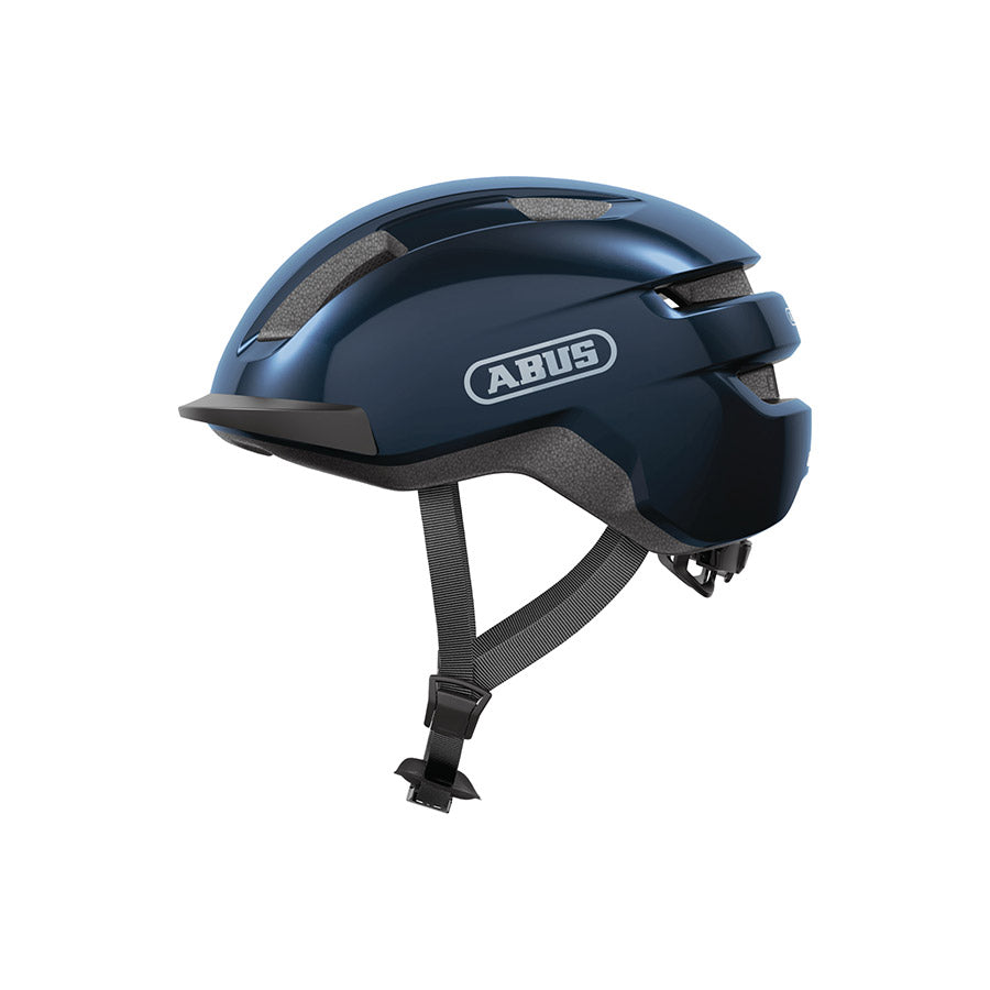 Shiny black Abus PURL-Y recreational and commuter helmet with adjustable straps and ventilation for safe riding.