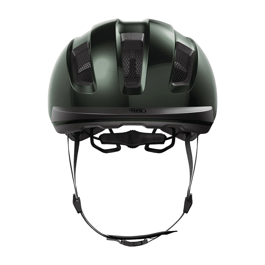Shiny black Abus PURL-Y recreational and commuter helmet with adjustable straps and ventilation for comfortable cycling.