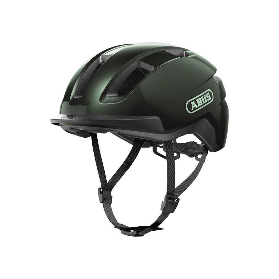 Shiny black Abus PURL-Y recreational and commuter helmet with adjustable straps and ventilation for comfortable riding.