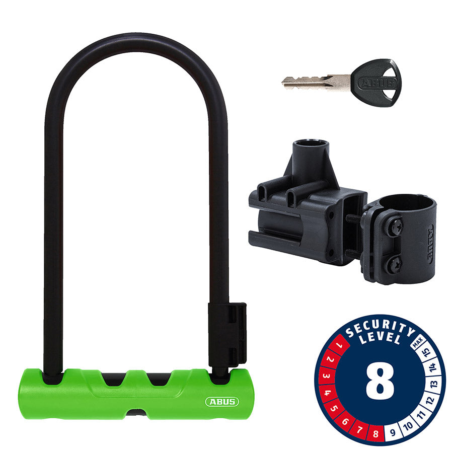 Green Abus Ultra 410K U-Lock with 230mm shackle, high-security bicycle lock for enhanced theft protection.