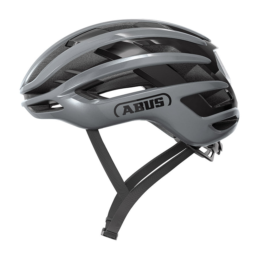 Abus AirBreaker 2.0 road helmet in all-purple with aerodynamic design and adjustable straps for cycling safety and comfort.
