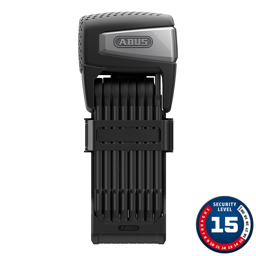 Abus Bordo Smart X 6500A folding bike lock with black metal links and key mechanism, designed for secure bicycle locking.