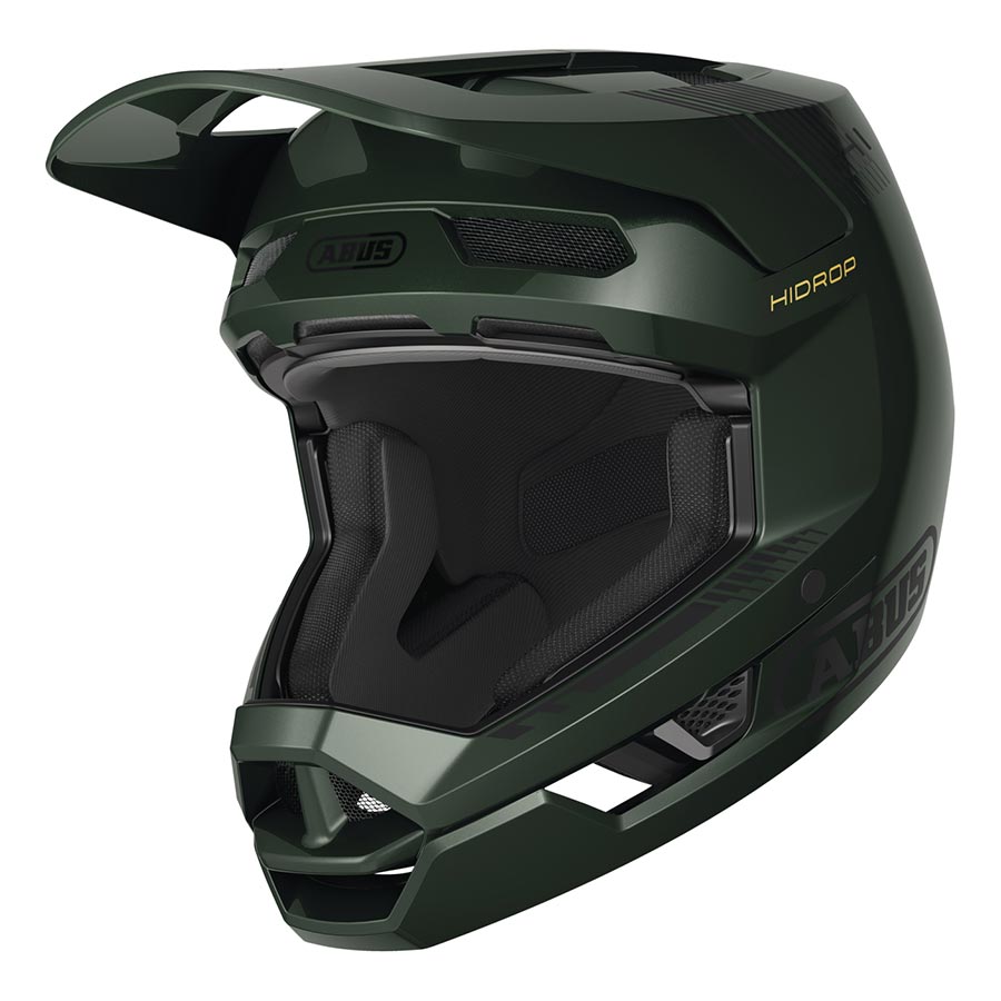 Shiny black Abus HiDrop full face helmet with adjustable straps and ventilation for motorcycle safety.