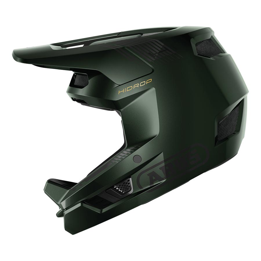 Shiny black Abus HiDrop full face helmet with adjustable size, designed for safety and comfort during riding.