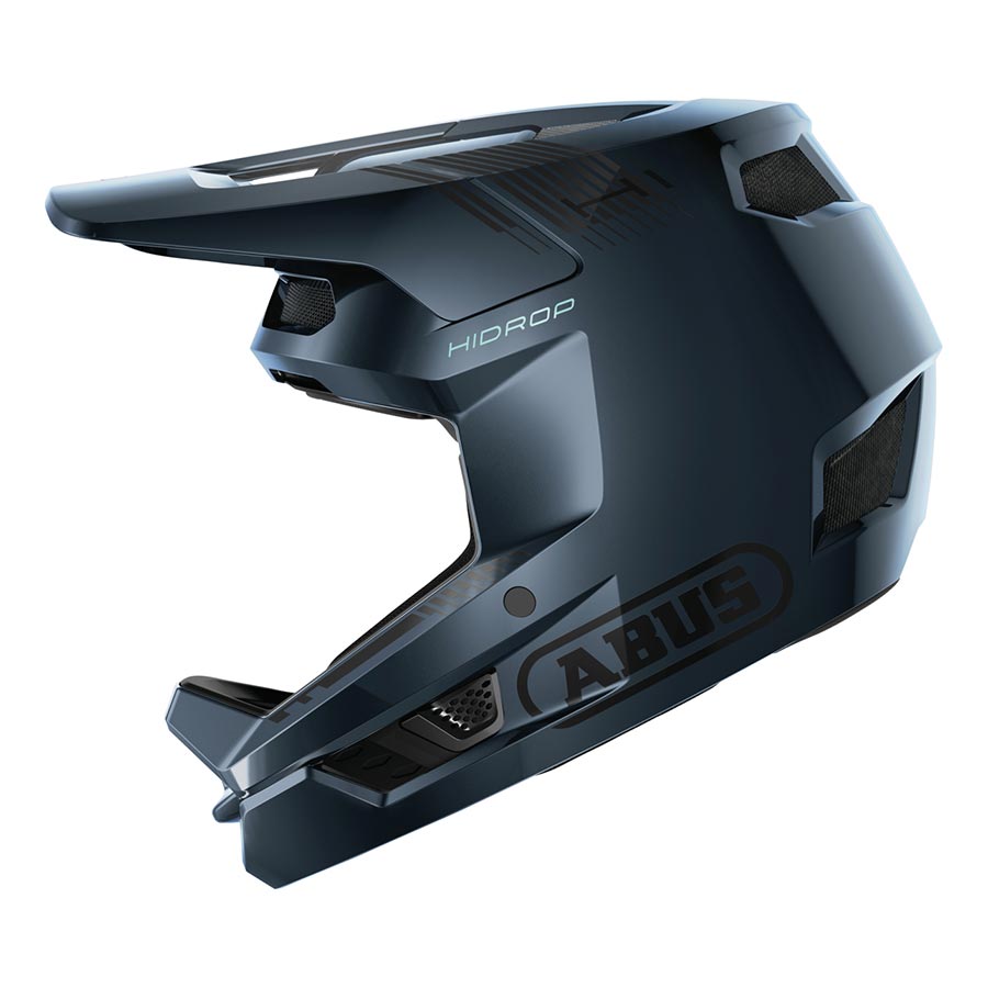 Shiny black Abus HiDrop full face helmet with adjustable straps and ventilation for motorcycle riding safety.