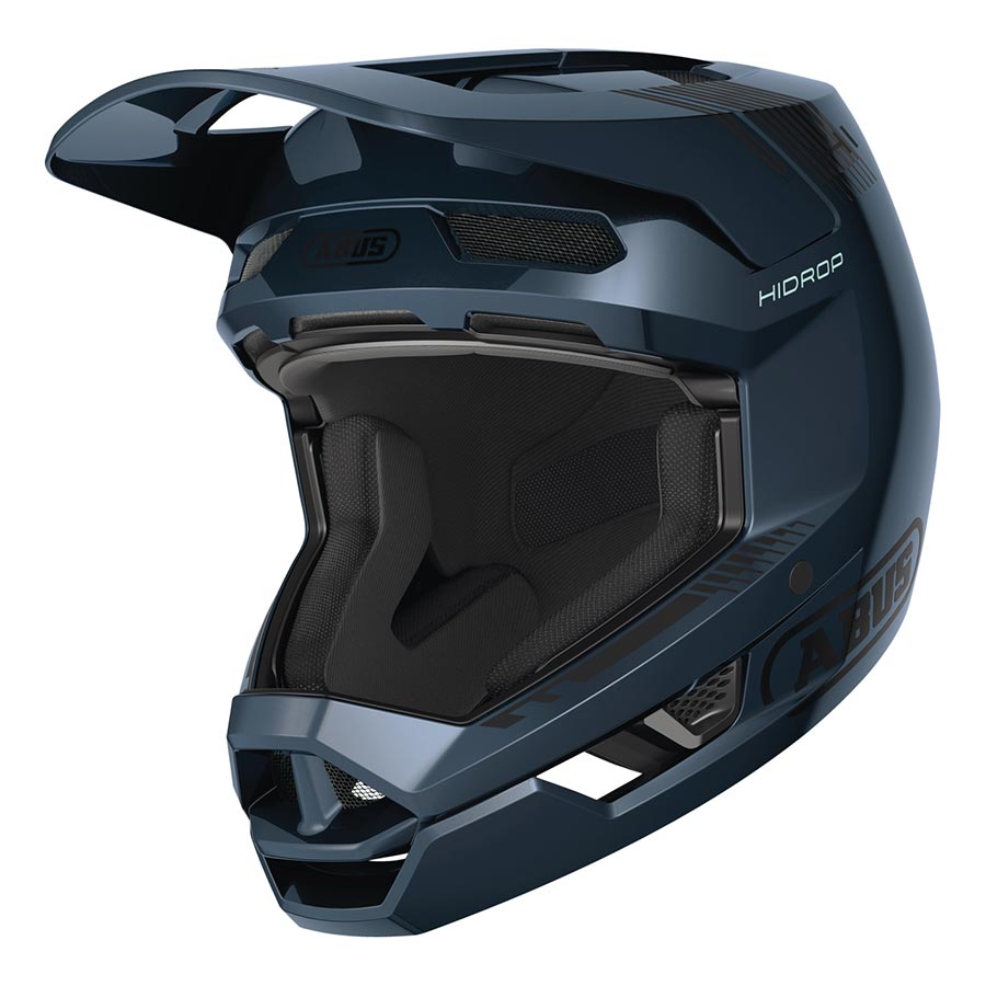 Shiny black Abus HiDrop full face helmet with size L (59-60cm) featuring aerodynamic design and ventilation for motorcycle riding.
