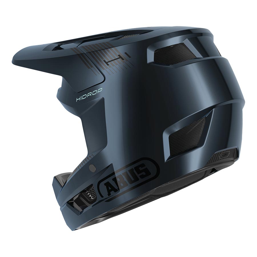 Shiny black Abus HiDrop full face helmet with size L (59-60cm) featuring a sleek aerodynamic design and ventilation vents.