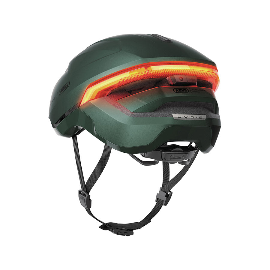 Abus Hyp-E recreational and commuter helmet in jungle green, size 57-61cm, with ventilation and adjustable straps.