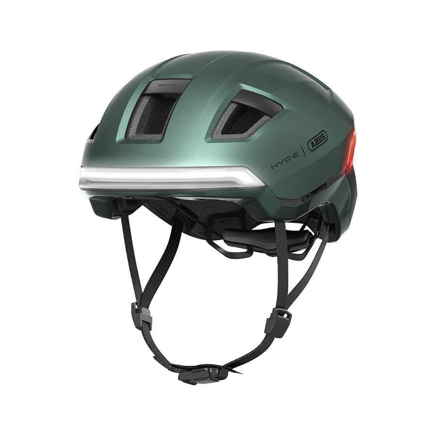Abus Hyp-E recreational and commuter helmet in jungle green, with adjustable straps and ventilation for safety and comfort.