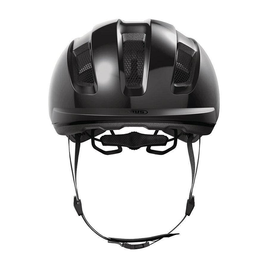 Shiny black Abus PURL-Y recreational and commuter helmet with ventilation vents, adjustable straps, and safety features.