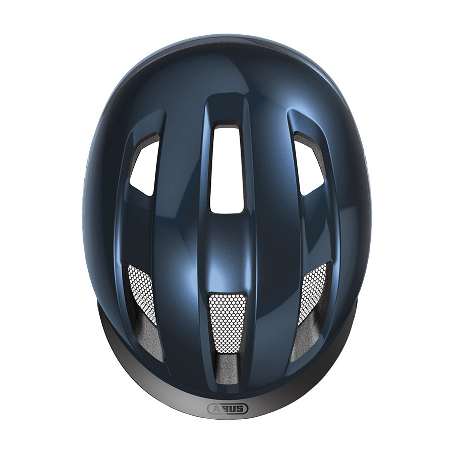 Shiny black Abus PURL-Y recreational and commuter helmet with adjustable straps and ventilation for safety and comfort.