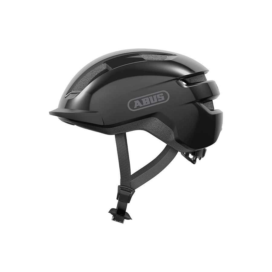 Shiny black Abus PURL-Y recreational and commuter helmet with adjustable straps and ventilation for safe cycling.