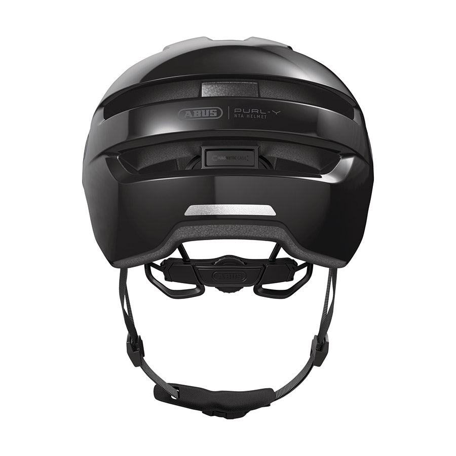 Shiny black Abus PURL-Y recreational and commuter helmet with adjustable straps and ventilation for cycling safety.
