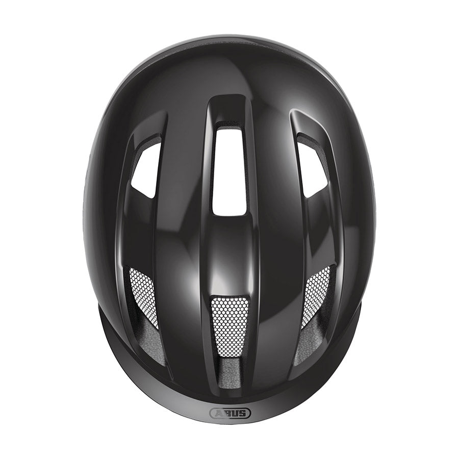 Shiny black Abus PURL-Y recreational and commuter helmet with adjustable straps and ventilation for safety and comfort