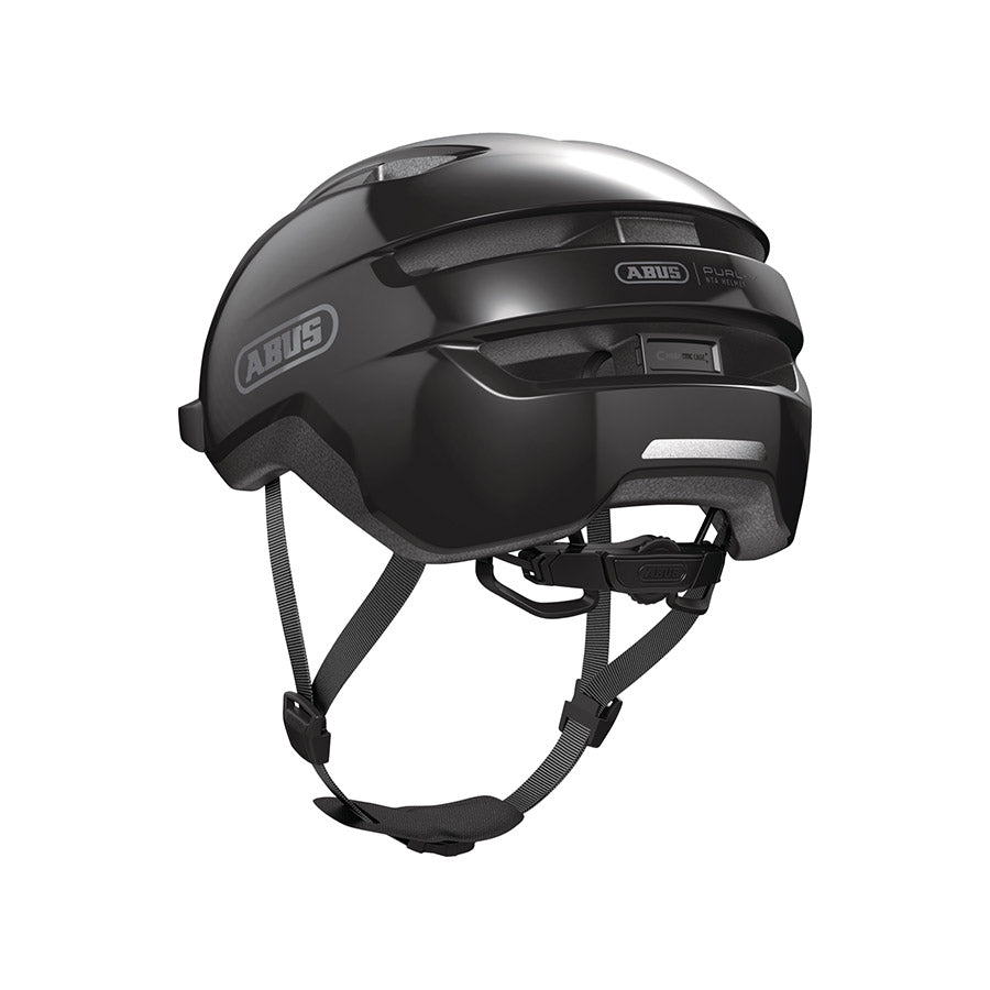 Shiny black Abus PURL-Y recreational and commuter helmet with adjustable straps and ventilation for safe riding.
