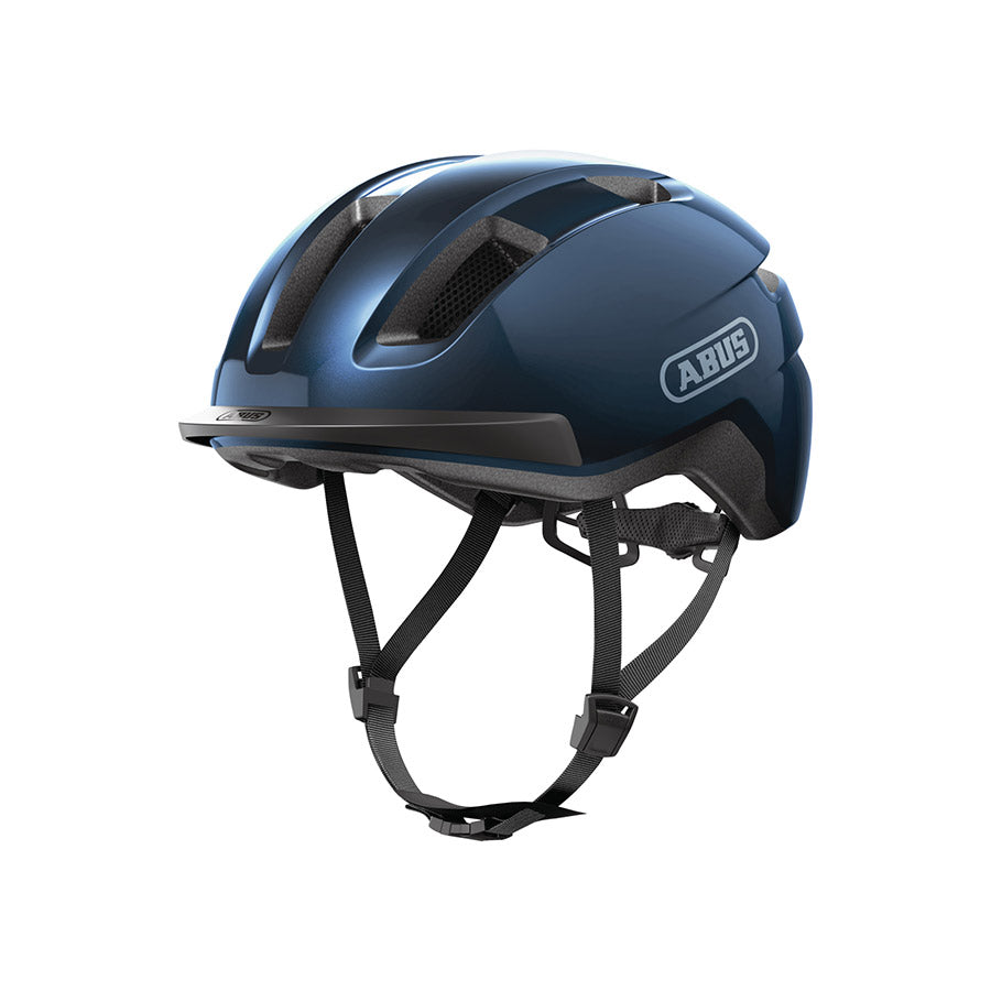 Shiny black Abus PURL-Y recreational and commuter helmet with adjustable straps and ventilation for cycling safety.