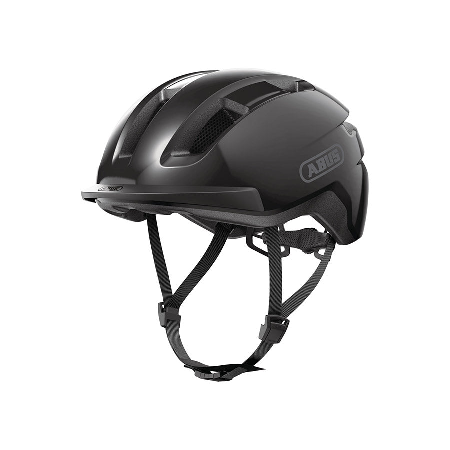 Shiny black Abus PURL-Y recreational and commuter helmet with adjustable straps and ventilation for comfortable riding.