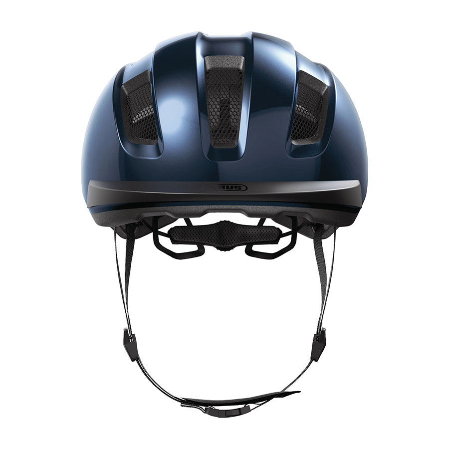 Shiny black Abus PURL-Y recreational and commuter helmet with adjustable straps and ventilation for safe urban cycling.