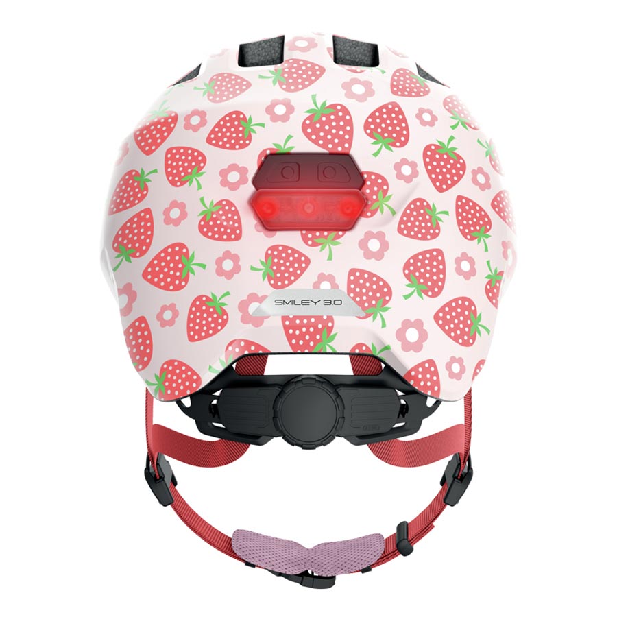 Abus Smiley 3.0 LED youth helmet in blue rainbow with adjustable straps and LED light for safety, fits 50-55cm head size.