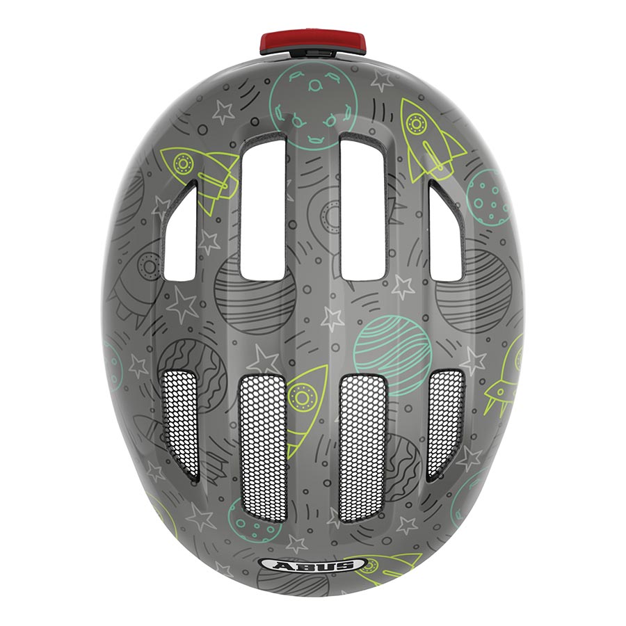 Blue rainbow Abus Smiley 3.0 LED youth helmet with adjustable fit for ages 50-55cm, featuring bright LED lights for visibility.