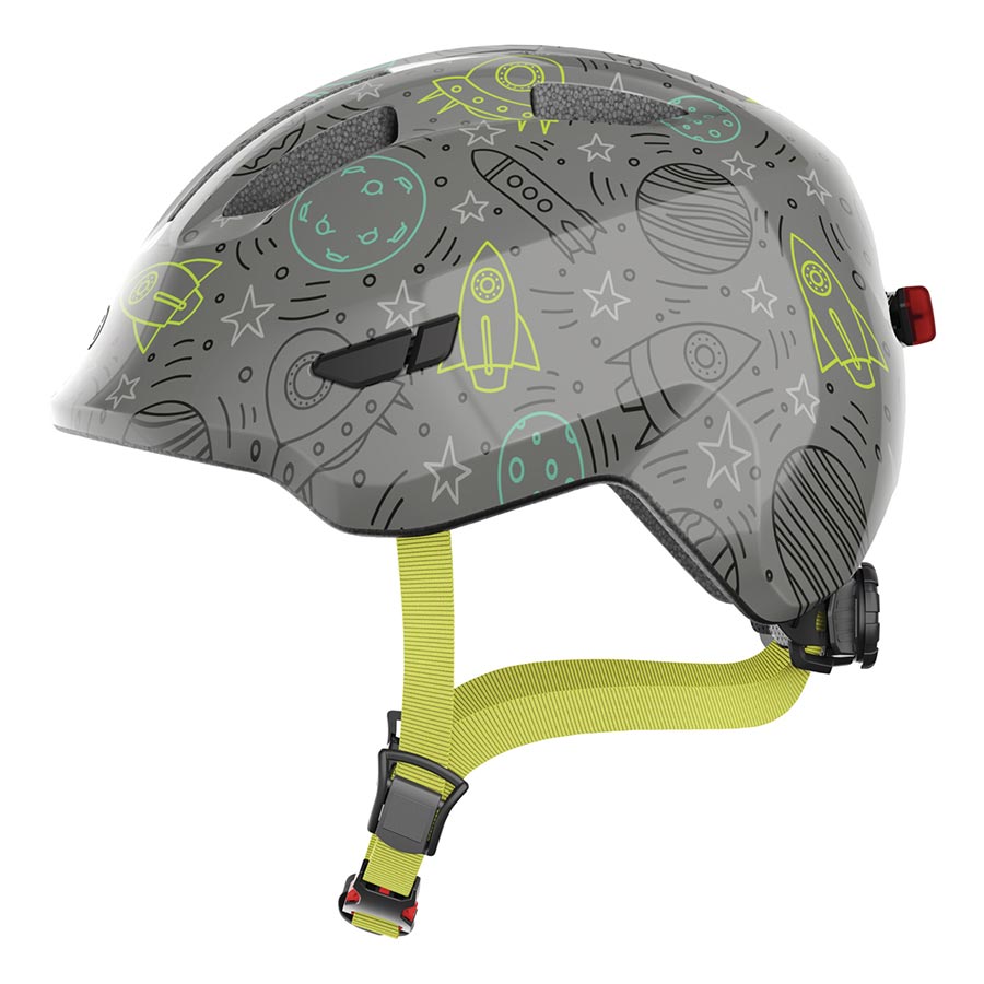 Blue Abus Smiley 3.0 LED youth helmet with rainbow design, adjustable fit for ages 50-55cm, featuring bright LED lighting.
