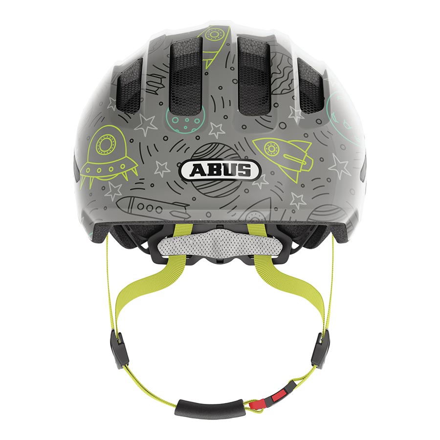 Blue Rainbow Abus Smiley 3.0 LED youth helmet with adjustable fit, safety vents, and colorful design for kids' biking protection.