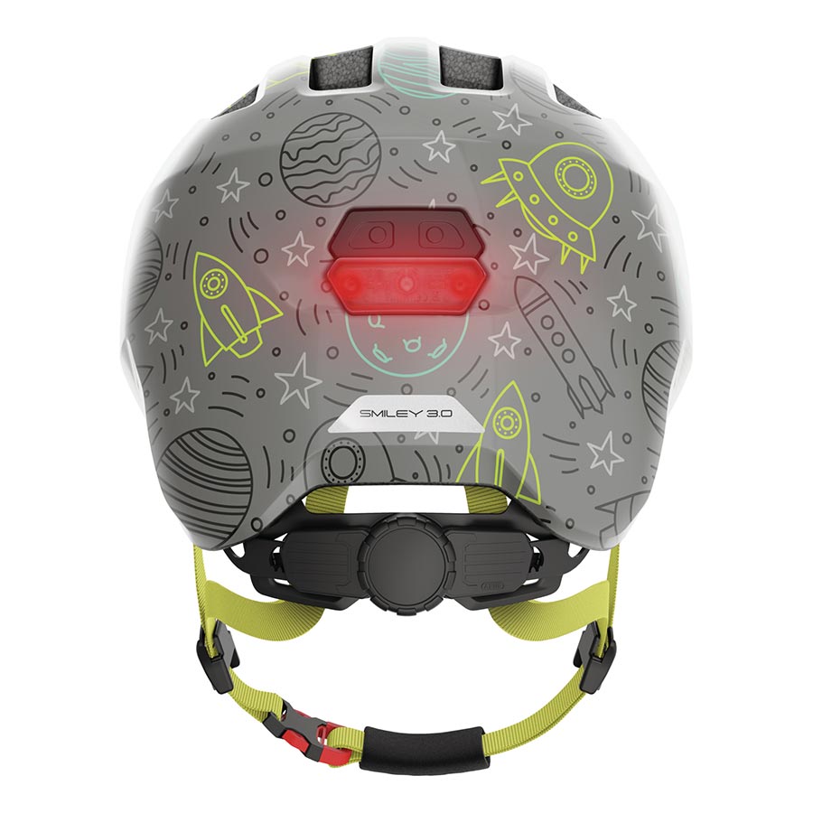 Abus Smiley 3.0 LED youth helmet in blue rainbow with adjustable straps and ventilation for kids aged 50-55cm.