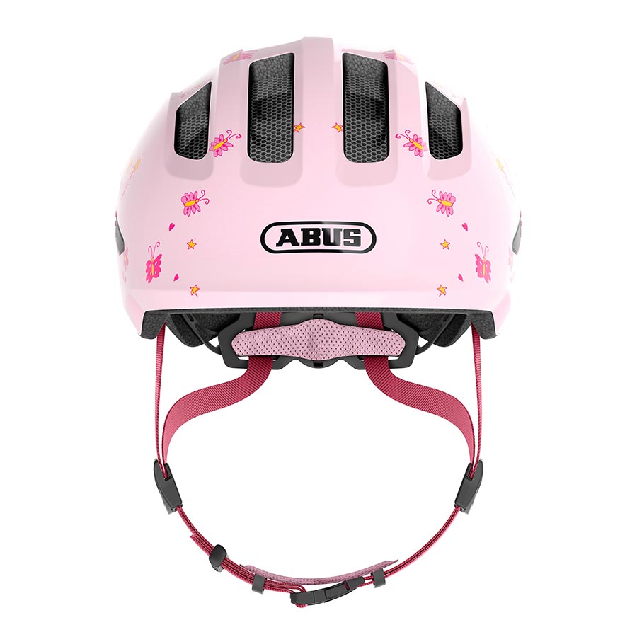 Pink Abus Smiley 3.0 youth helmet with butterfly design, featuring adjustable straps and ventilation for safe riding.