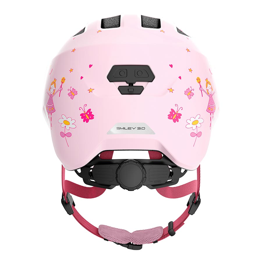 Pink Abus Smiley 3.0 youth helmet with butterfly design, featuring adjustable straps and ventilation for kids' safety.