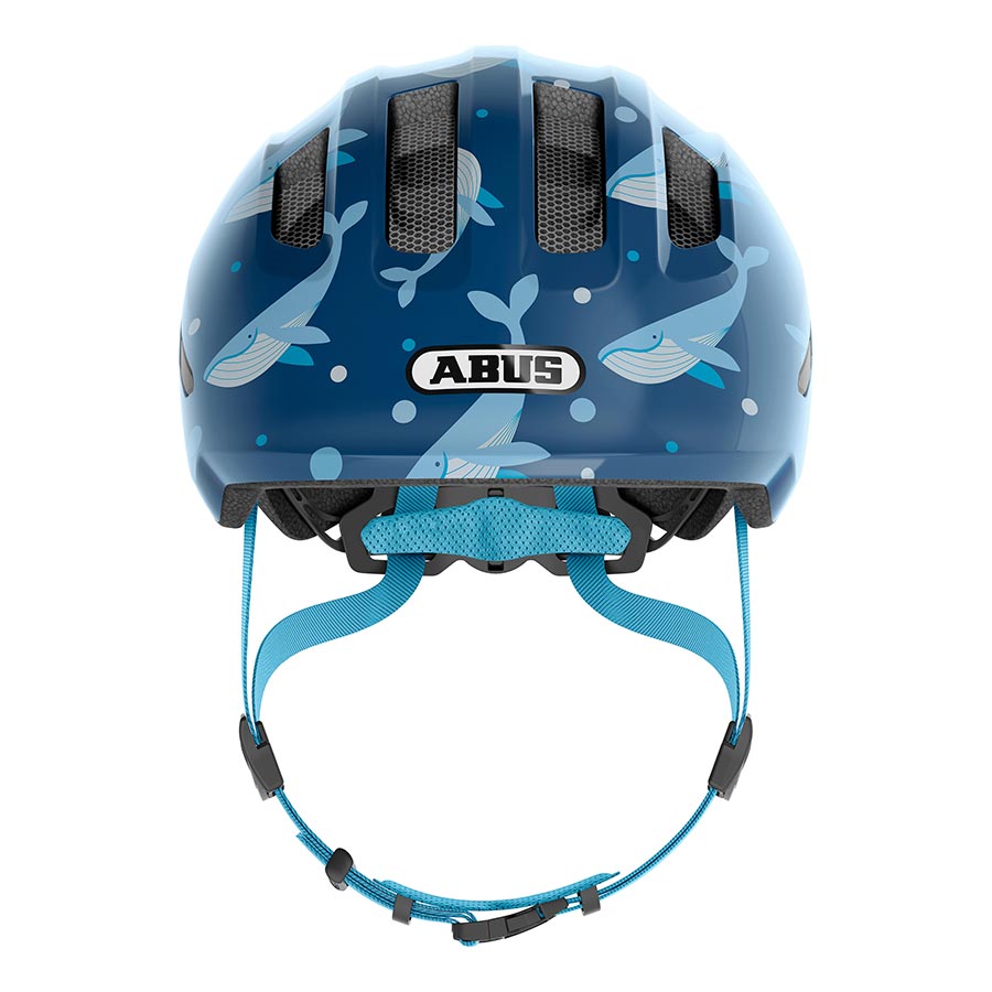 Pink Abus Smiley 3.0 youth helmet with butterfly design, safety straps, and ventilation for kids' biking or skating.
