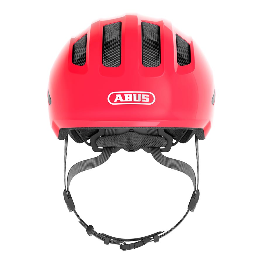 Pink Abus Smiley 3.0 youth helmet with butterfly design, featuring adjustable straps and ventilation for kids' safety and comfort.