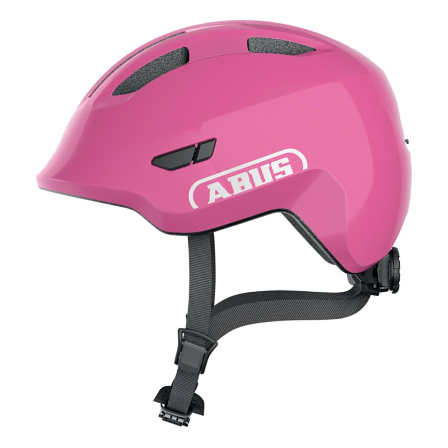 Pink Abus Smiley 3.0 youth helmet with butterfly design, adjustable straps, and ventilation for safe, comfortable wear.