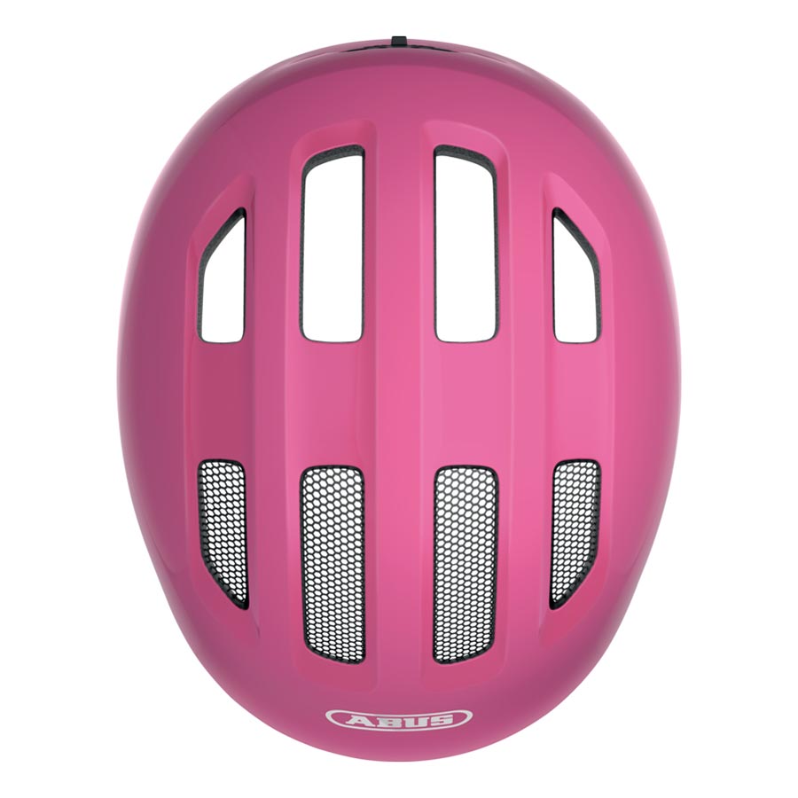 Pink Abus Smiley 3.0 youth helmet with butterfly design, adjustable straps, and ventilation for kids' safety and comfort.