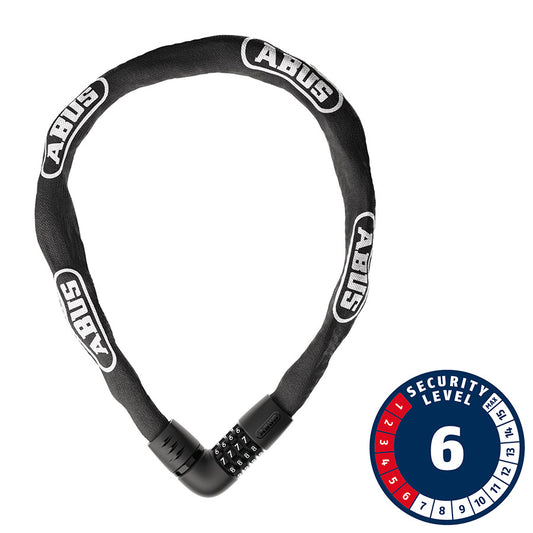 Abus Tresor 6806C chain lock with 6mm black steel chain and combination lock, 85cm length, for securing bicycles or outdoor gear.