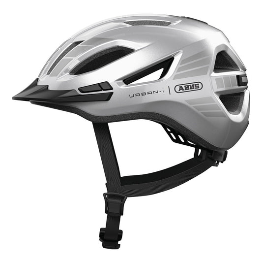 Abus Urban-I 4.0 LR recreational and commuter helmet in signal silver, showcasing adjustable straps and ventilation for urban cycling.