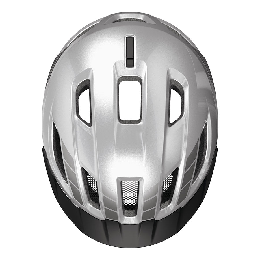 Abus Urban-I 4.0 LR recreational and commuter helmet in signal silver, with adjustable straps and ventilation for cycling.