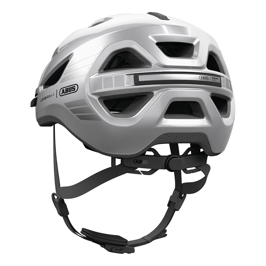 Abus Urban-I 4.0 LR recreational and commuter helmet in signal silver, with adjustable straps and ventilation for urban riding.