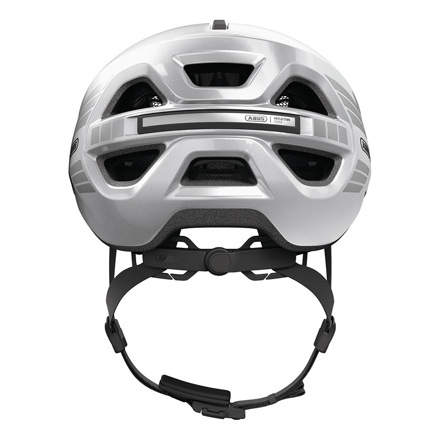 Abus Urban-I 4.0 LR recreational and commuter helmet in signal silver, size 57-61cm, with adjustable strap and ventilation.