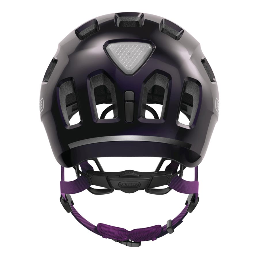 Abus Youn-I 2.0 youth helmet in velvet black, showing a close-up of the helmet's sleek design and adjustable straps.