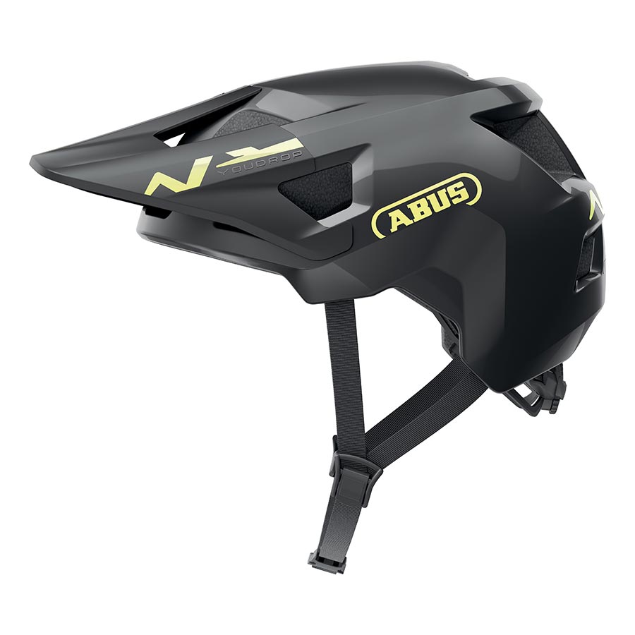 Abus YouDrop youth mountain helmet in velvet black with adjustable straps and ventilation for safe outdoor riding.