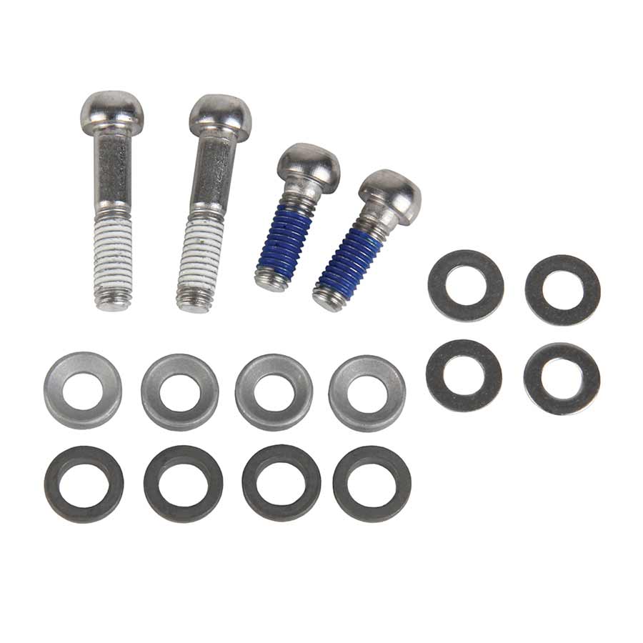 Avid disc brake mounting brackets and hardware including caliper bolts and washers, stainless steel, for bike disc brake installation.