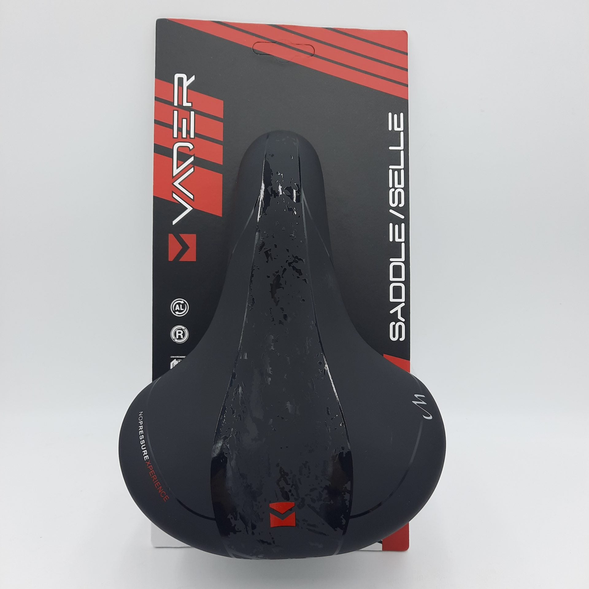 Babac Vader Comfort Saddle, ergonomic bicycle saddle with 275mm length and 165mm width, black color, designed for comfortable riding.